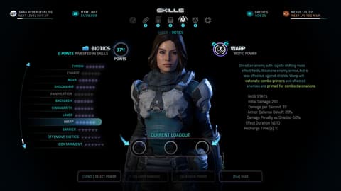 Warp power being selectable as a skill